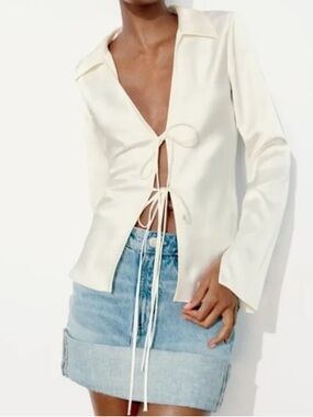 Zara Cream Tie-Front Long Sleeve Top
